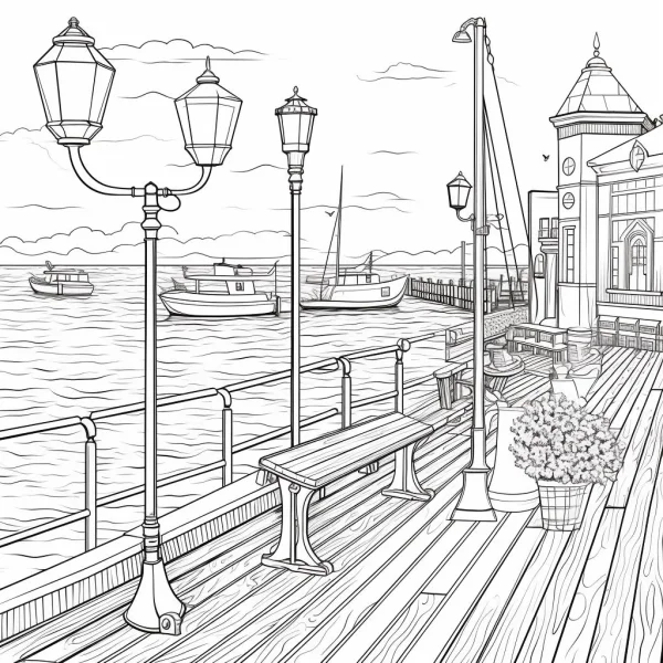 Seaside pier with lampposts and benches, realistic line art style — free printable beach coloring book page