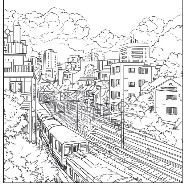 Railway trains traveling through urban residential area, japanese illustration style — free printable rail transit coloring book page