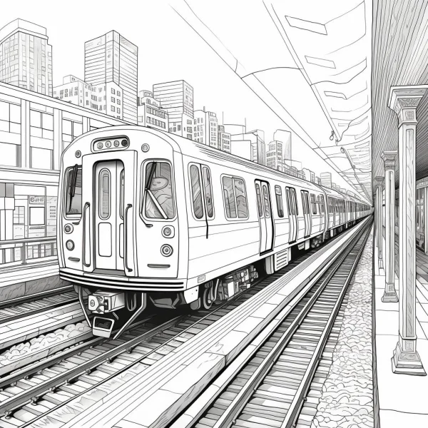Urban subway train at subway station, realistic sketch style — free printable modern life coloring book page