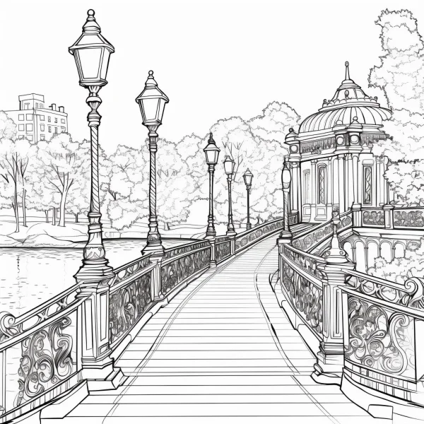 European style park bridge with ornate railings, realistic line art style — free printable city park coloring book page