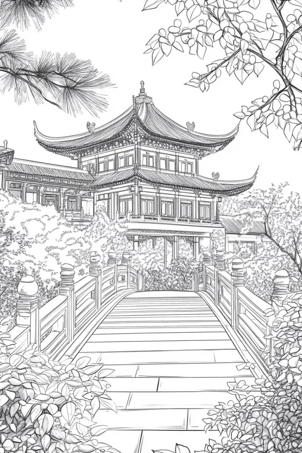 Chinese ancient architecture with stone arch bridge, chinese style — free printable ancient architecture coloring book page
