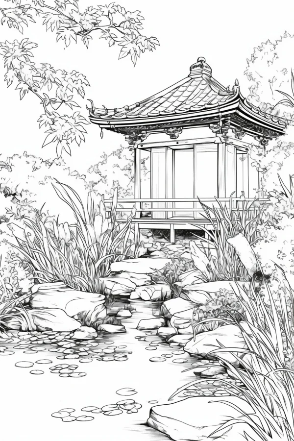 Chinese pavilion in garden stream, chinese style — free printable gardens coloring book page