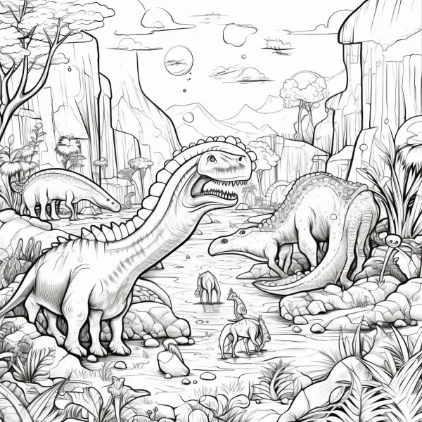 Prehistoric long-necked dinosaur herd, realistic line art style — free printable prehistoric coloring book page