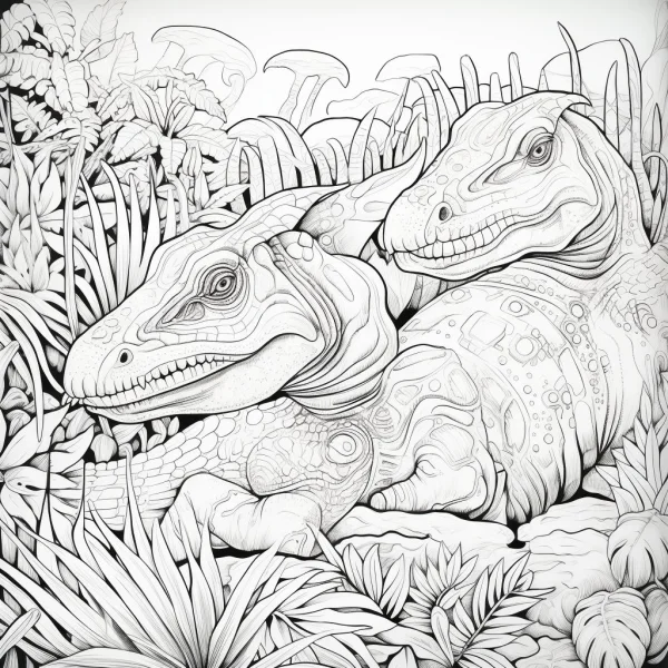 Two jungle dinosaurs with decorative geometric and symmetric patterns, realistic line art — free printable rainforest coloring book page