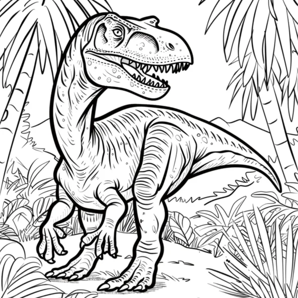 Carnivorous dinosaur in tropical jungle, cartoon style — free printable rainforest coloring book page