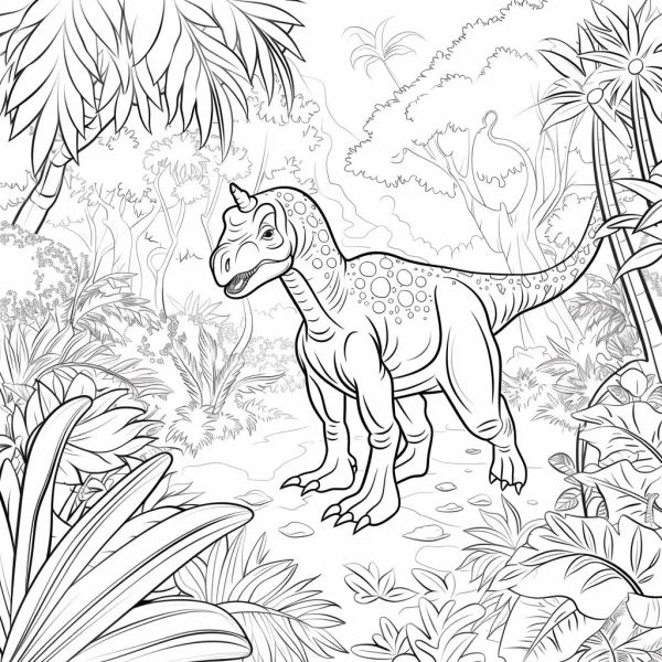 Horned dinosaur in tropical rainforest, cartoon style — free printable tropical rainforest coloring book page