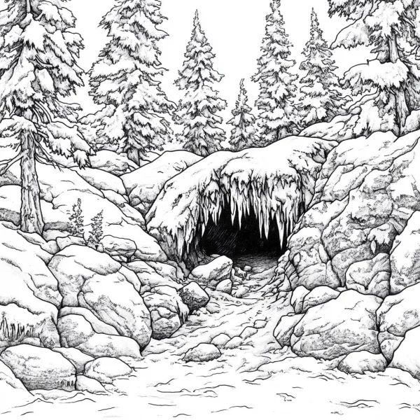 Winter forest cave entrance, sketch style — free printable caves coloring book page