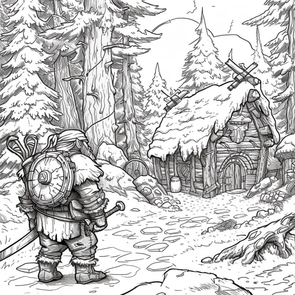 Dwarf warrior with a round shield and sword, standing on a stone path in a snowy pine forest — free printable nordic coloring book page