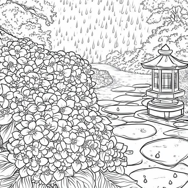 Hydrangea in japanese rainy garden, stone lantern — free printable rainy season coloring book page