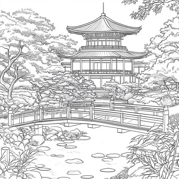 Japanese garden with three-story pavilion and wooden bridge, japanese style — free printable gardens coloring book page