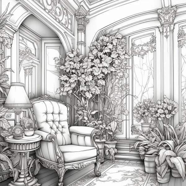 Coloring book page, vintage living room with tufted armchair and various indoor green plants — free printable cultural theme coloring book page