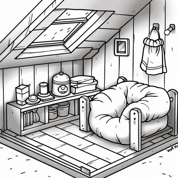 Cozy attic cabin corner with shelf and cushion mattress, cartoon style — free printable home scene coloring book page