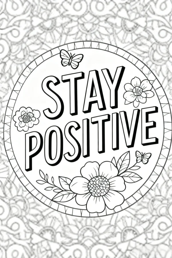 Motivational slogan 'stay positive' with flowers and butterflies, decorative art style — free printable butterfly coloring book page