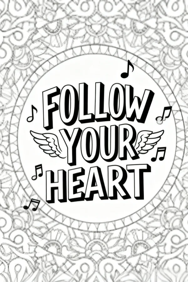 'follow your heart' inspirational text with wing decorations, surrounded by music notes — free printable mandala art coloring book page