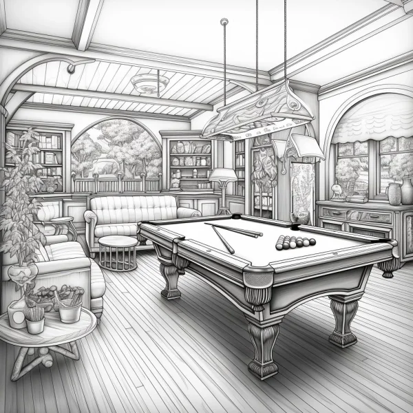 Coloring book page, luxury indoor billiards room scene — free printable indoor leisure coloring book page