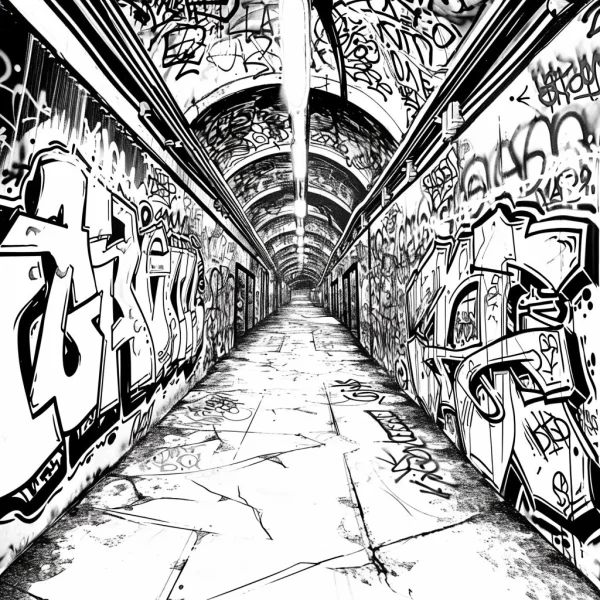 Graffiti-covered urban tunnel, street art style — free printable city scene coloring book page