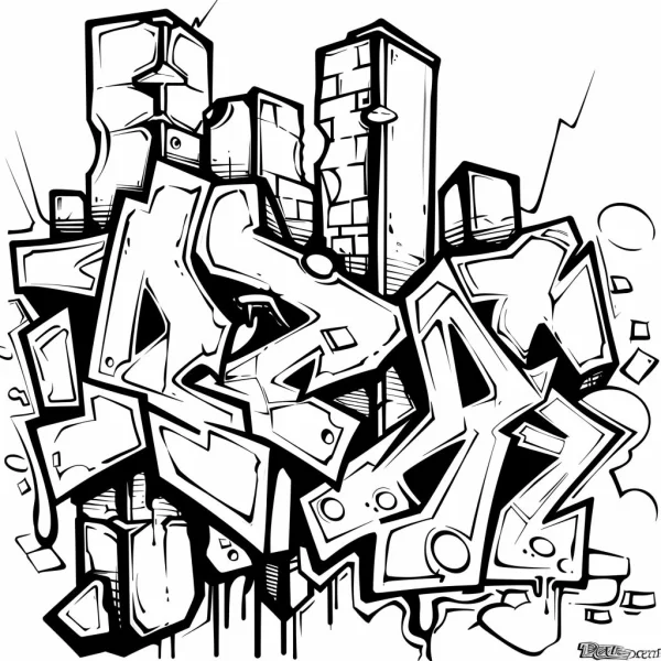 Graffiti-style deformed letters asd with building-like structures, street art style — free printable creative art coloring book page
