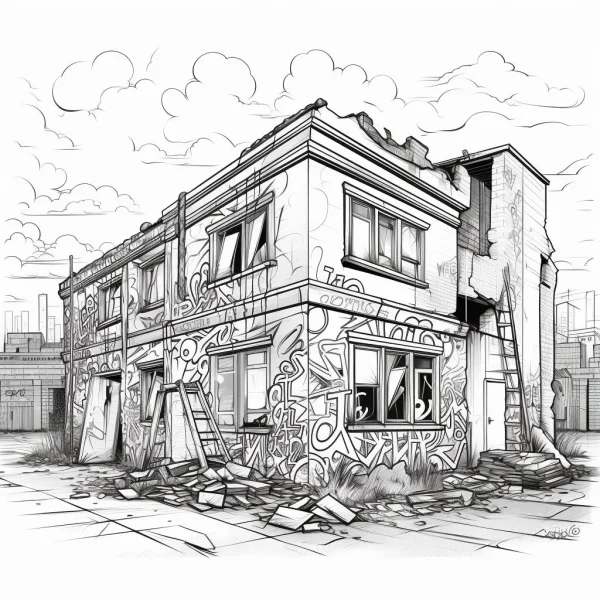 Abandoned two-story house with graffiti, realistic sketch and street art style — free printable street graffiti coloring book page