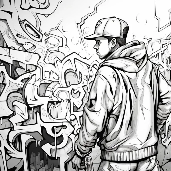 Coloring book page, street-style man in hoodie and baseball cap holding spray can — free printable trend coloring book page