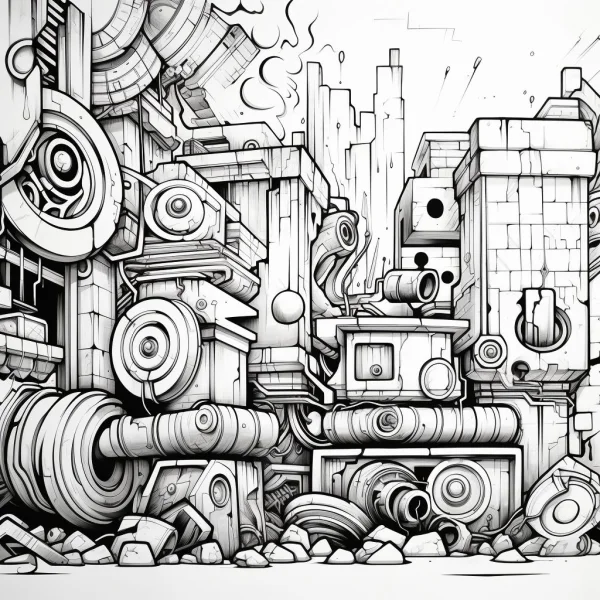 Coloring book page, abandoned mechanical building complex — free printable wasteland coloring book page