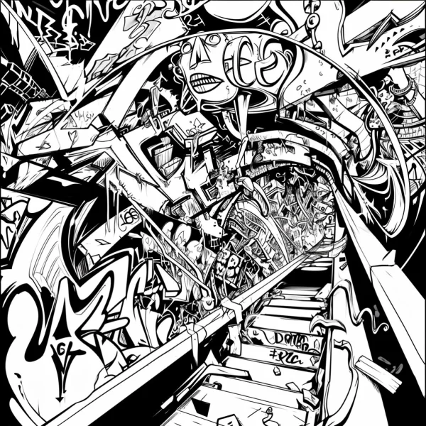 Graffiti-style stairwell with exaggerated cartoon character, street art style — free printable city scene coloring book page