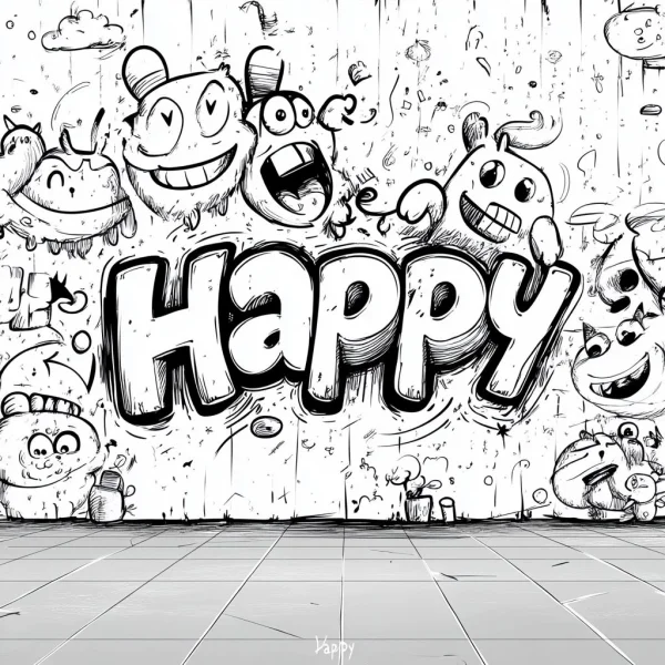 Doodle-style cartoon monsters surrounding bold graffiti 'happy' text, cartoon graffiti art style — free printable childlike coloring book page