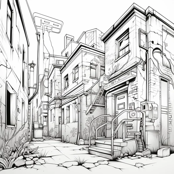 Urban alley with old buildings, realistic line art style — free printable city streets coloring book page