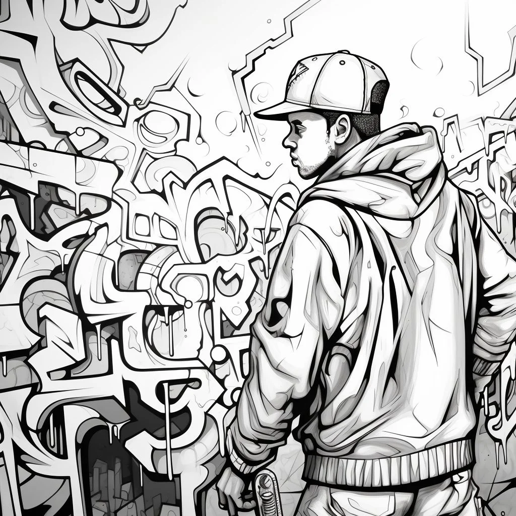Hip-hop style young man wearing baseball cap and hoodie, holding spray can — highly detailed — line art coloring page — for teens and adults