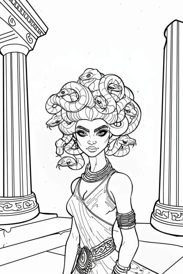 Medusa the snake-haired gorgon, fantasy greek mythology style — free printable greece coloring book page