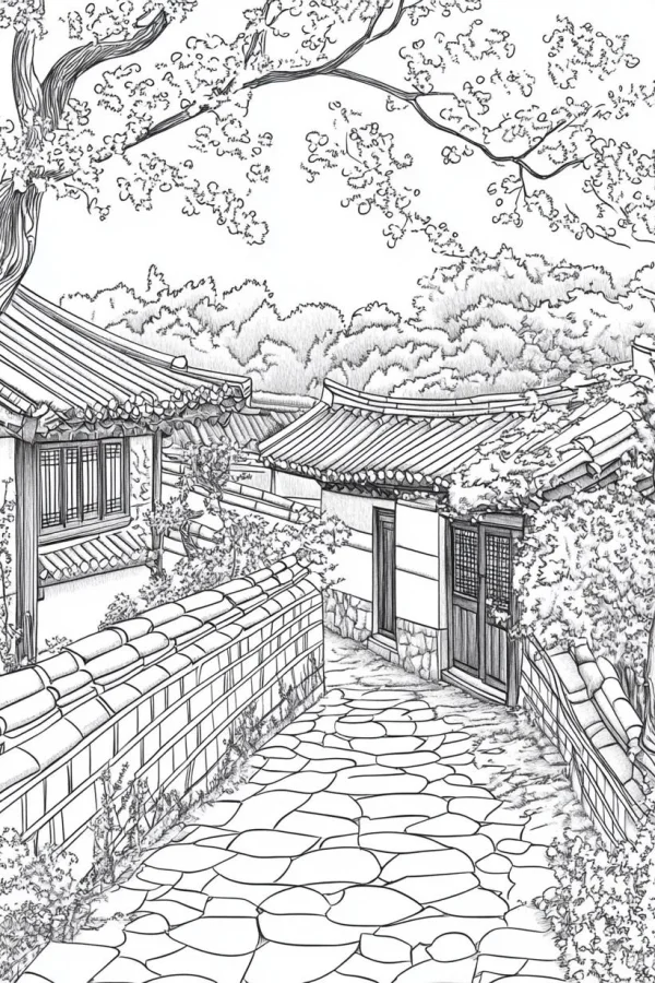 Traditional korean hanok alley, korean style — free printable korean style coloring book page