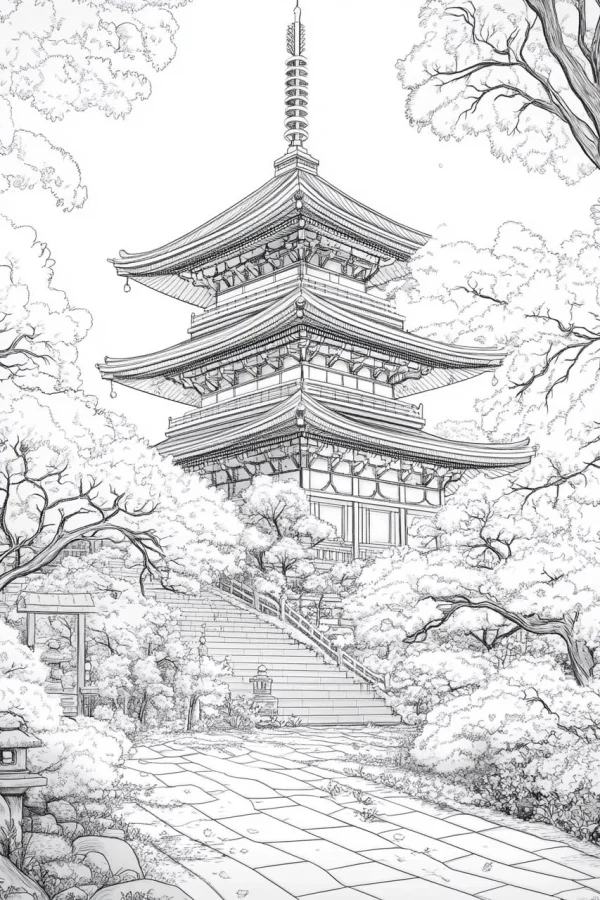 Japanese five-story pagoda in traditional garden, japanese style — free printable ancient architecture coloring book page