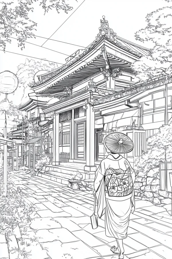 Back view of woman in kimono with straw hat walking on traditional japanese stone street, surrounded by classic wooden buildings — free printable traditional architecture coloring book page