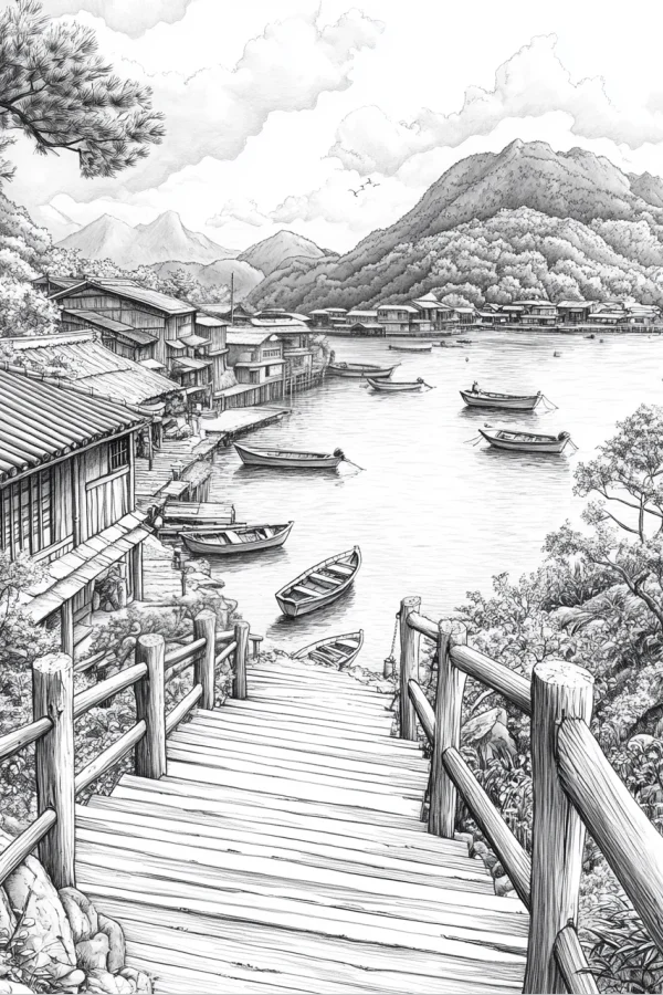 Riverside water village scenery with wooden walkway, realistic sketch style — free printable river coloring book page