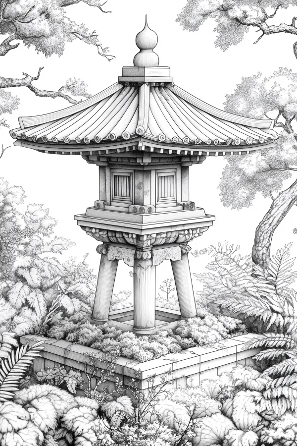 Japanese stone lantern in a tranquil garden, surrounded by pine trees — free printable gardens coloring book page