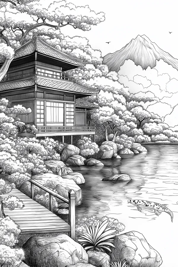 Japanese waterside traditional building with mount fuji and lake landscape, japanese style — free printable lakes coloring book page