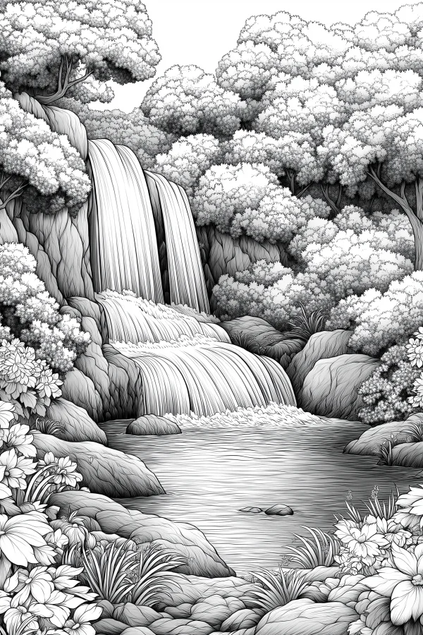 Forest waterfall stream landscape, realistic line art style — free printable waterfall coloring book page