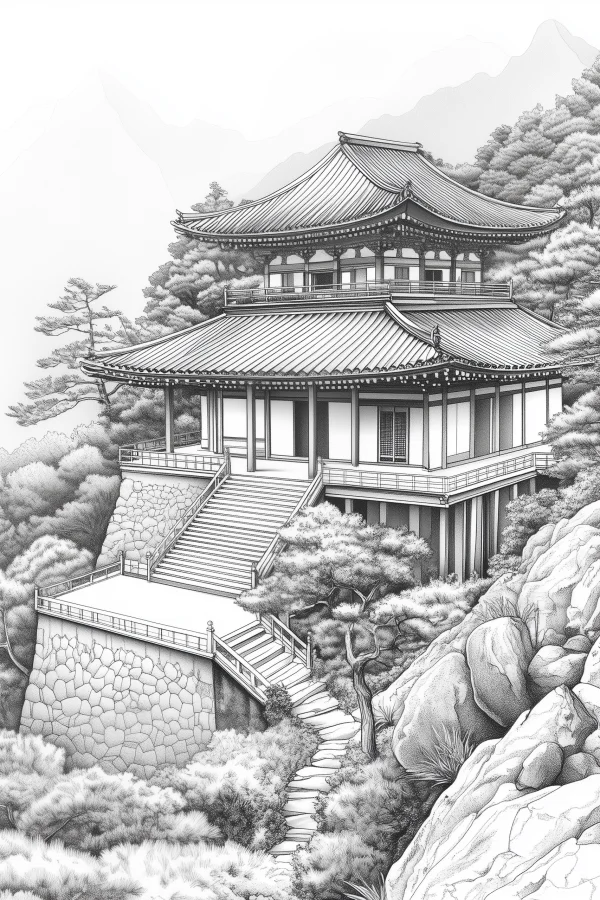 Japanese two-story ancient temple in mountain forest, japanese style — free printable ancient architecture coloring book page