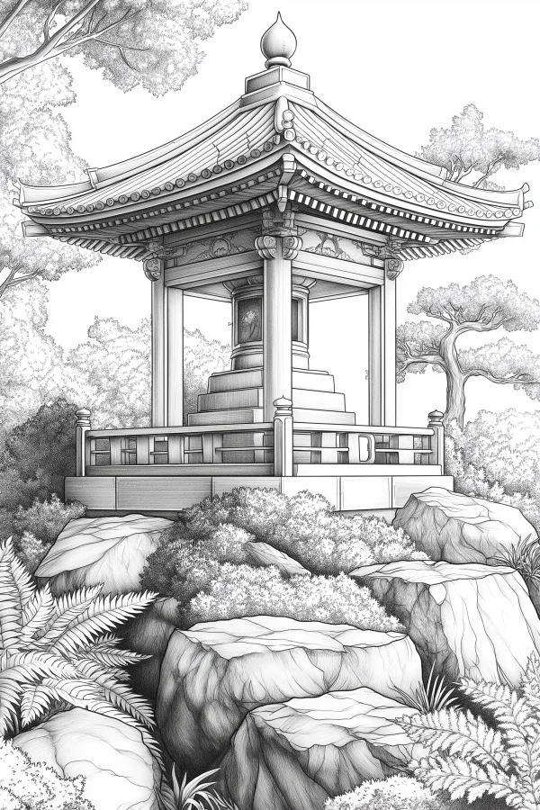 Traditional chinese pavilion in garden, ink sketch style — free printable gardens coloring book page