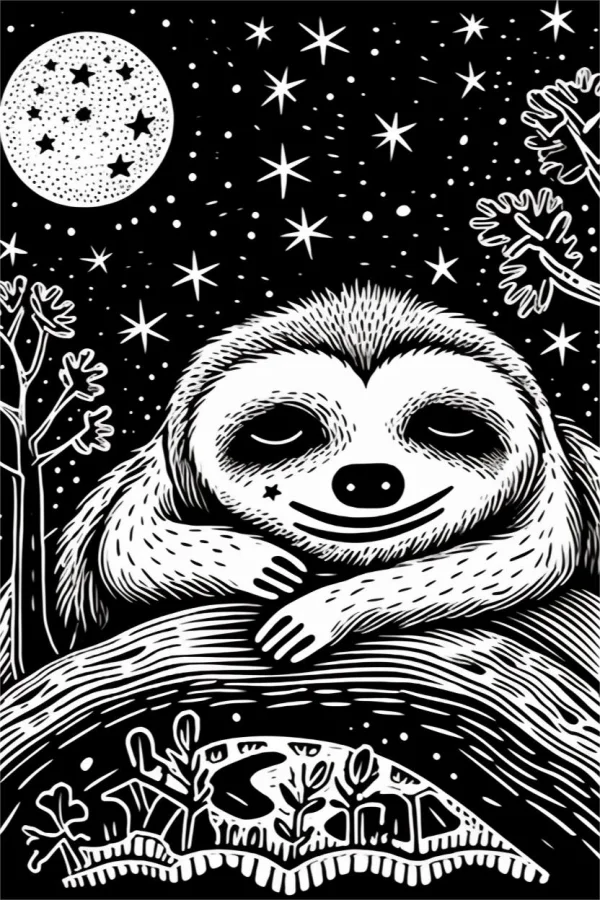 Cute sloth under starry night sky, linocut print style — free printable night coloring book page