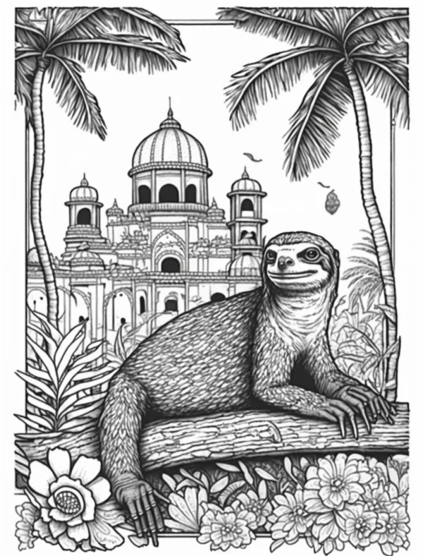 Tropical sloth resting on a log, realistic illustration style — free printable tropical style coloring book page