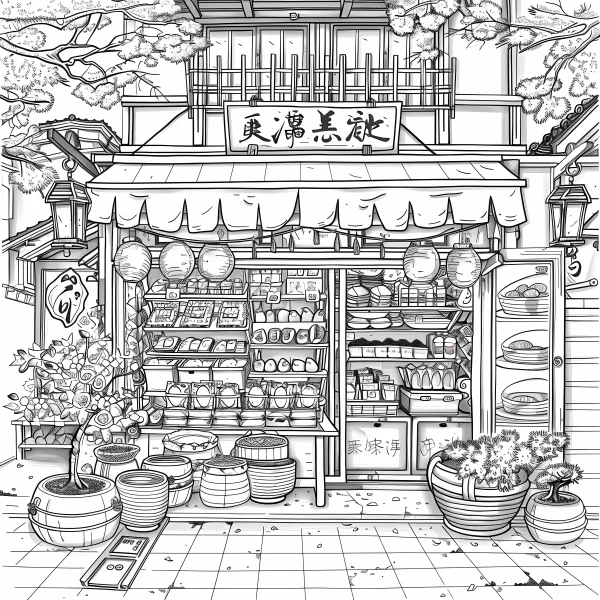Coloring book page, traditional japanese grocery store — free printable shops coloring book page