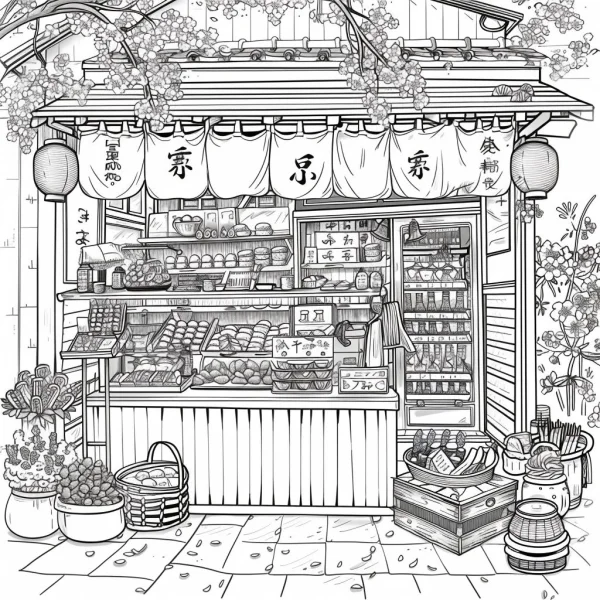 Japanese traditional street-side grocery store, japanese style — free printable shops coloring book page