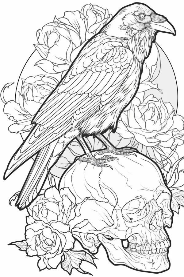 Raven perched on human skull, surrounded by blooming roses — free printable birds coloring book page