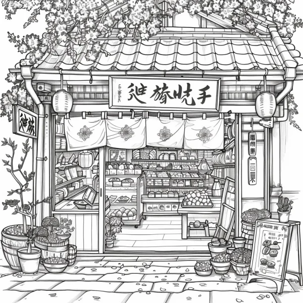 Traditional japanese grocery store, japanese style — free printable shops coloring book page