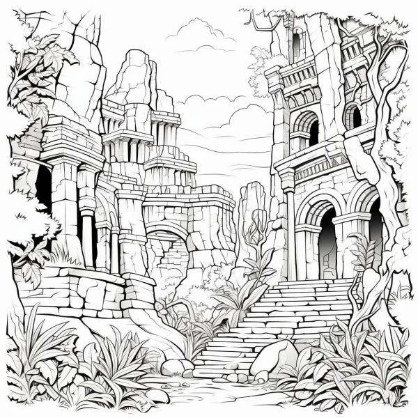 Ancient maya-style ruins overgrown with plants, fantasy realistic style — free printable maya culture coloring book page