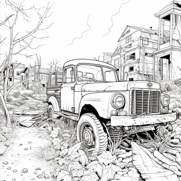 Abandoned old truck surrounded by ruined buildings, post-apocalyptic wasteland style — free printable wasteland coloring book page