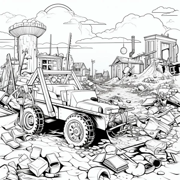 Jeep in post-apocalyptic ruins, realistic line art style — free printable wasteland coloring book page