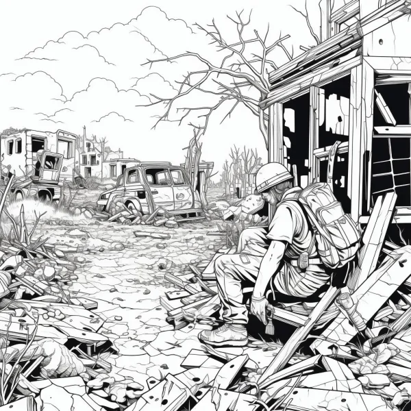 Coloring book page, rescue worker in post-disaster ruins — free printable disaster relief coloring book page