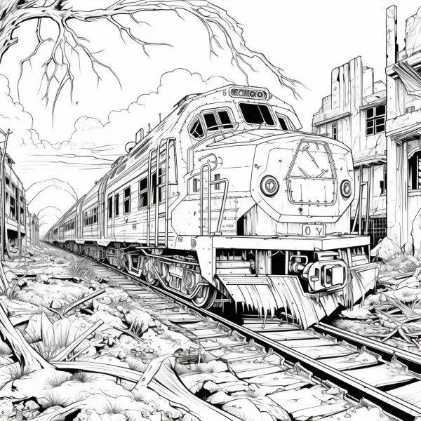 Abandoned train in post-apocalyptic ruins, realistic and wasteland style — free printable wasteland coloring book page