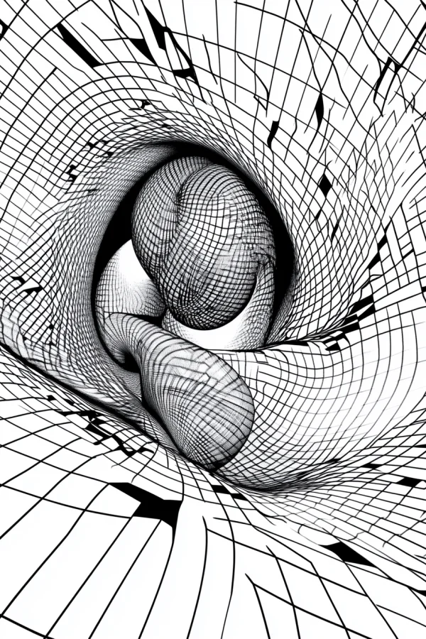 Twisted spiral geometric pattern, abstract style — free printable surreal coloring book page